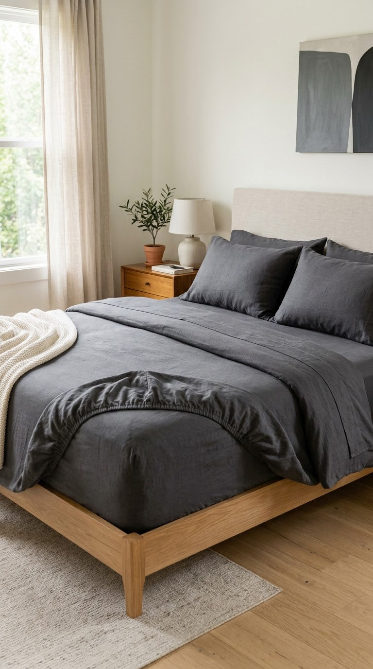 Pure Cotton Fitted Bedsheet Set with 2 Pillow Covers - Charcoal Grey